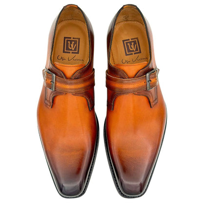 UGo Vasare Men’s Elden Camel Plain Toe Genuine Leather Monk Strap Dress Shoes