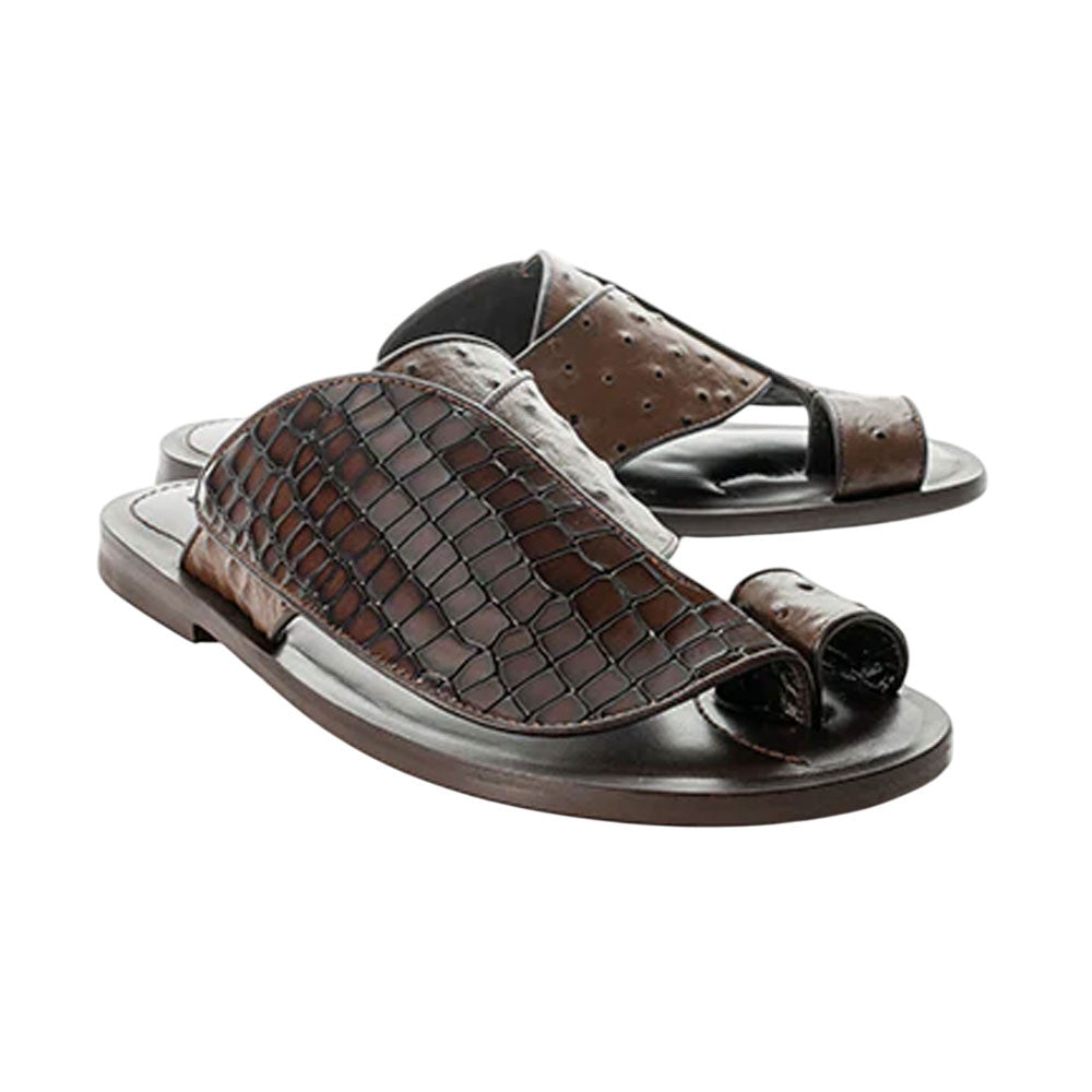 Corrente Men’s Brown Croco Print Ostrich Leather Open Toe Sandal