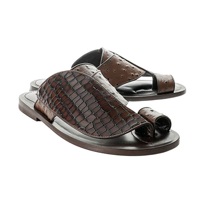 Corrente Men’s Brown Croco Print Ostrich Leather Open Toe Sandal