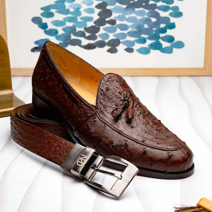 Domenico Men’s Genuine Exotic Ostrich Belts With Brushed Chrome Buckle | Marco Di Milano Exotic Belt in Brown