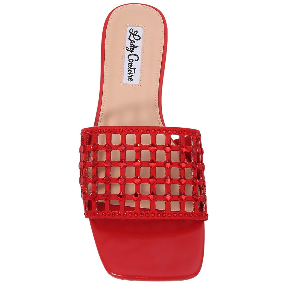 Lady Couture Women's Garden Red Geometric Crystal Flat Slide Sandals