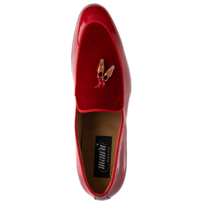 MAURI Shoes Men’s Bliss Red Patent Leather & Velvet Tassel Moc Toe Luxury Dress Loafers