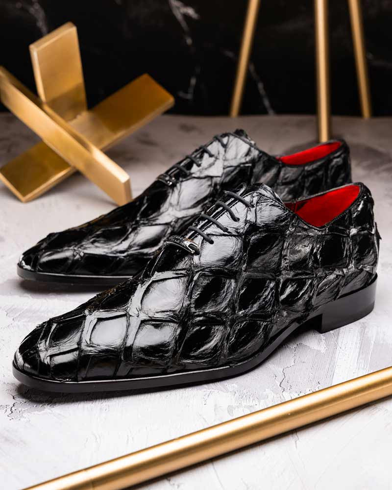 Marco Di Milano Olivieri Genuine Pirarucu Skin Black Tassel Oxford Shoes