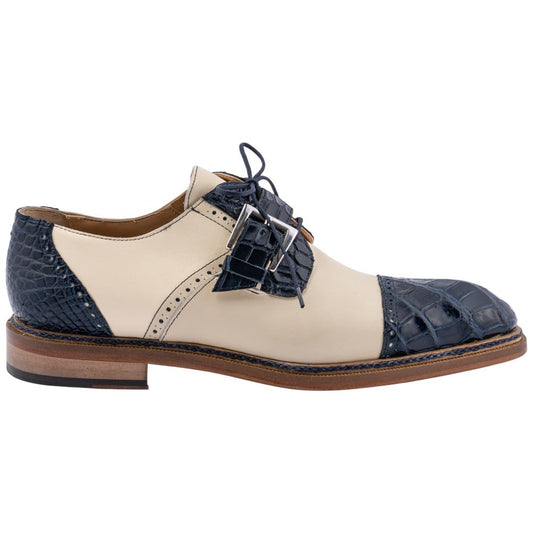 MAURI Shoes Men’s Blue Cream Alligator & Calfskin Leather Flawless Cap Toe Monk Strap Luxury Derby Dress Shoes