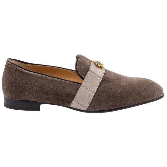 MAURI Men’s Elegante Velvet Slip-On Grey Baby Crocodile Leather Strip Moc Toe Luxury Dress Loafers