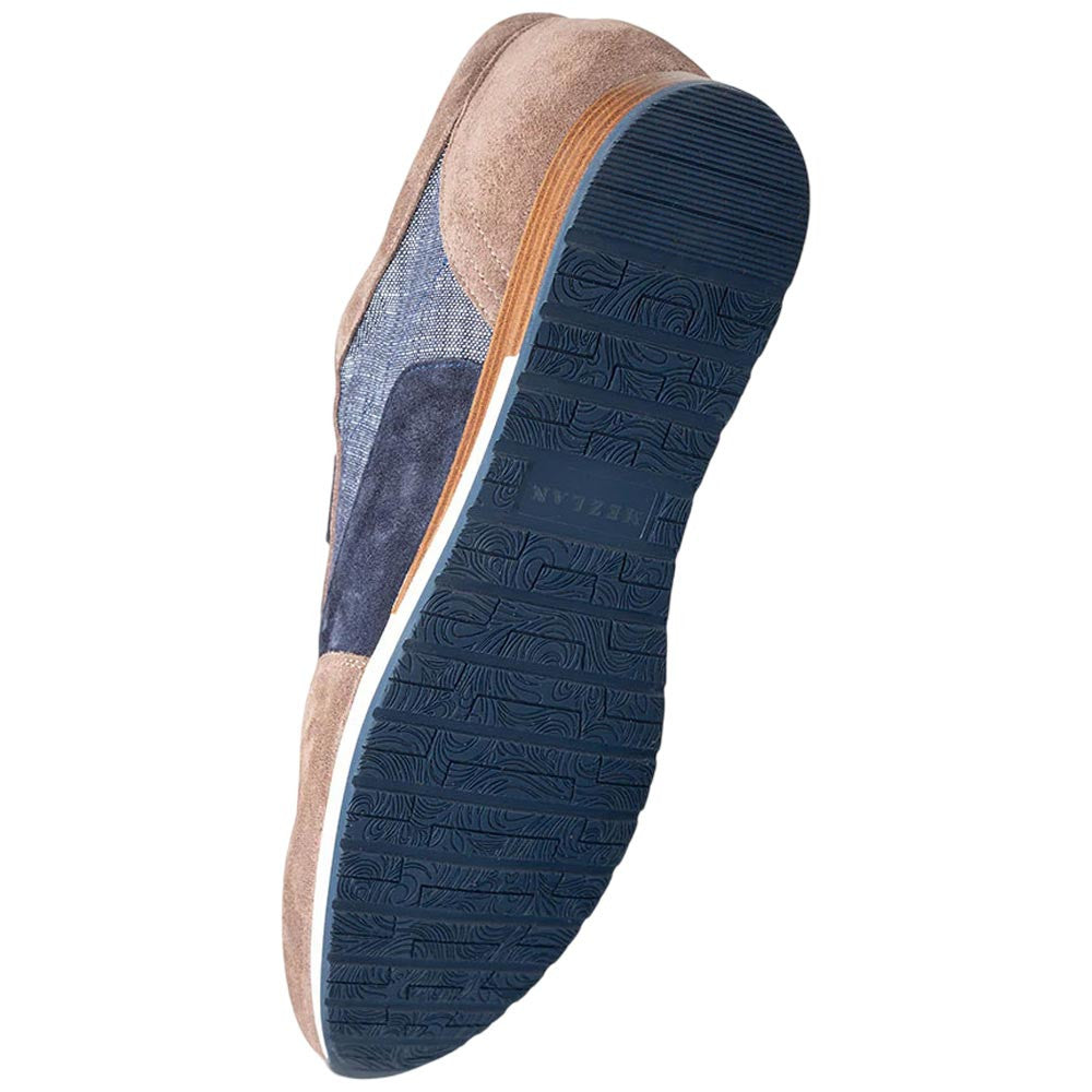 MEZLAN Men's Suede and Linen Laceless Taupe/Blue Loafer Caleta