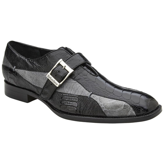 Belvedere Marte Black/Grey Genuine Ostrich Leg Monk Strap Shoe (USA Men Size)