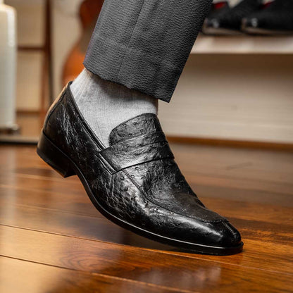 Salvatore Black Men’s Full Quill Ostrich Skin Slip-on Loafers | Marco Di Milano
