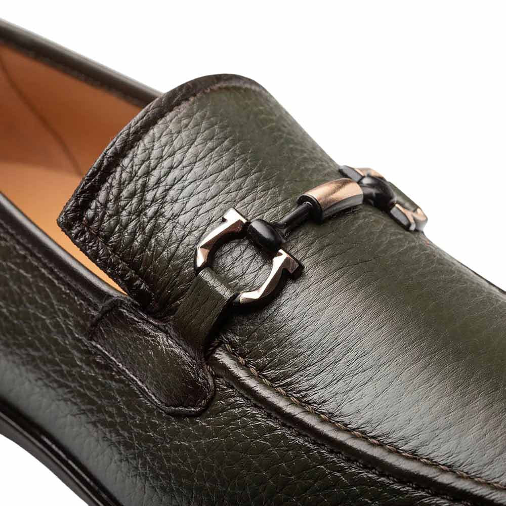 Marinelli Deerskin Ornament Olive Moc Toe Slip On | Mezlan Dress Loafer for Men