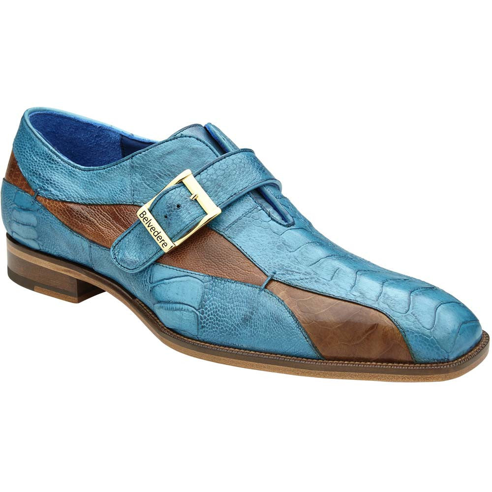 Belvedere Marte Antique Ocean/Antique Brandy Genuine Ostrich Monk Strap Shoes