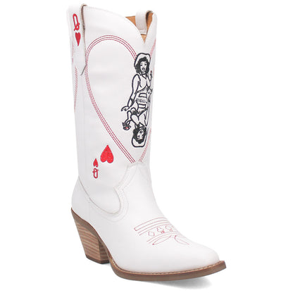 Queen A Hearts White Leather with Red Embroidered Narrow Toe Women Boot | Dingo Western Cowgirl Boots