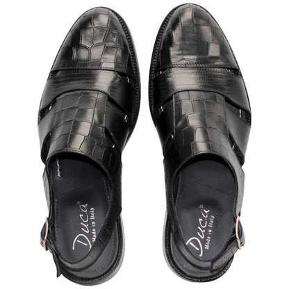 Positano Black Calfskin Crocodile Print Leather Sandal | Duca Dress Sandals