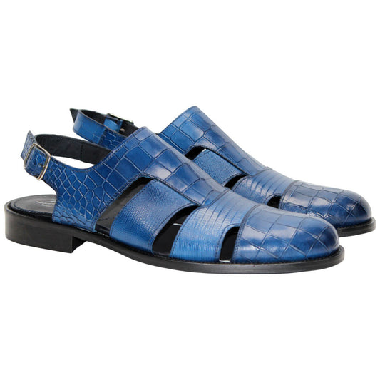 Positano Blue Calfskin Exotic Print Sandal | Duca Dress Sandals for Men