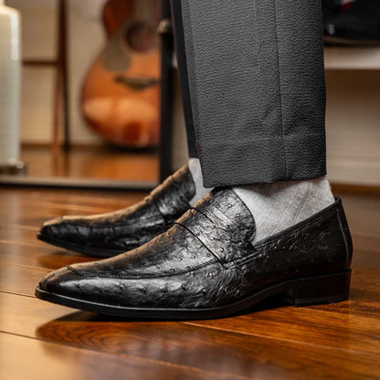 Salvatore Black Men’s Full Quill Ostrich Skin Slip-on Loafers | Marco Di Milano