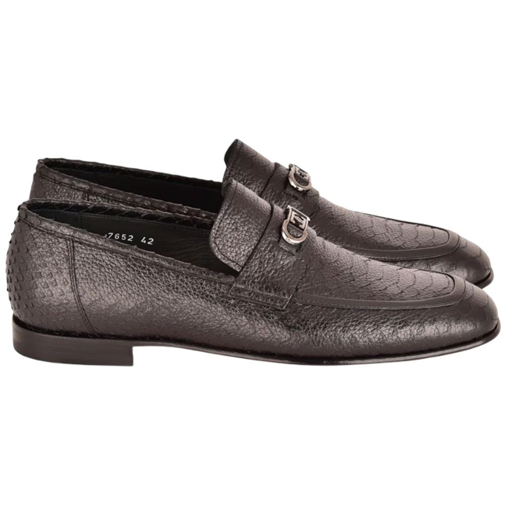 Corrente Men’s Low Cut Black Python Leather Round Toe Loafer