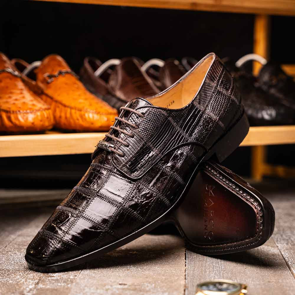 Pissa Brown Men's Genuine Crocodile and Lizard Skin Patchwork Derby