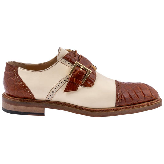 MAURI Shoes Men’s Flawless Cognac Cream Alligator & Calfskin Leather Cap Toe Monk Strap Derby Luxury Dress Shoes