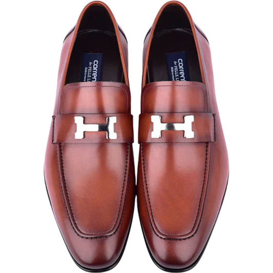 Corrente Men’s H Buckle French Calfskin Tan Almond Toe Loafer