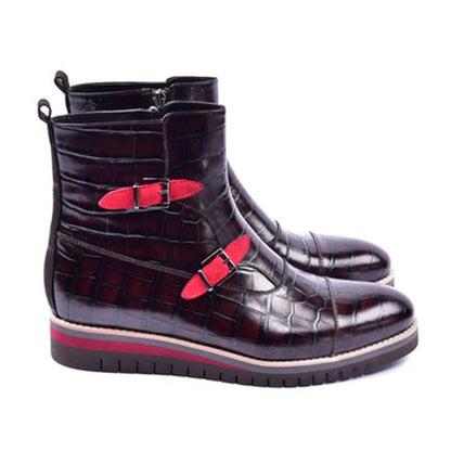 Corrente Men's Brown Croco Print Side Zipper Boots with Red Straps