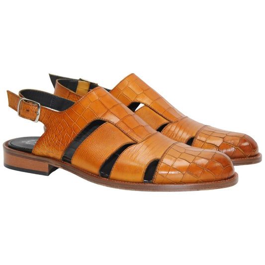 Positano Senape Calfskin Exotic Print Sandal | Duca Dress Sandals for Men