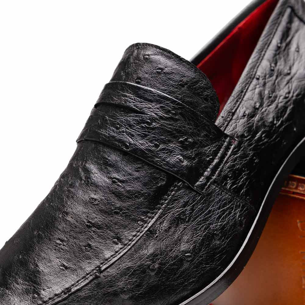 Salvatore Black Men's Full Quill Ostrich Skin Slip-on Loafers | Marco Di Milano