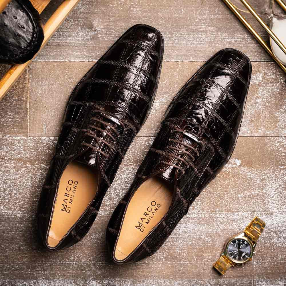 Pissa Brown Men's Genuine Crocodile and Lizard Skin Patchwork Derby