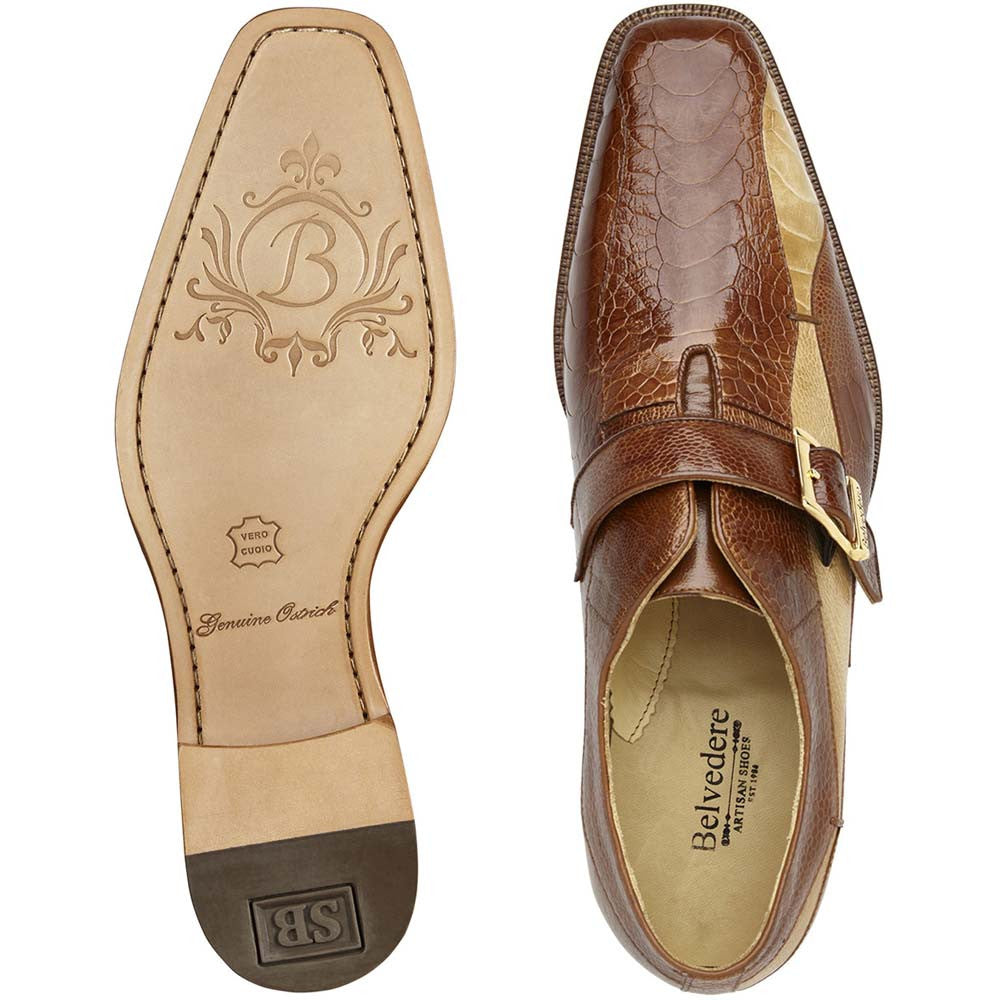 Belvedere Marte Antique Camel/Antique Bone Genuine Ostrich Monk Strap Shoes