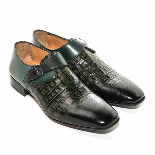 SIGOTTO Uomo Green Crocodile Print Leather Buckle Dress Shoes