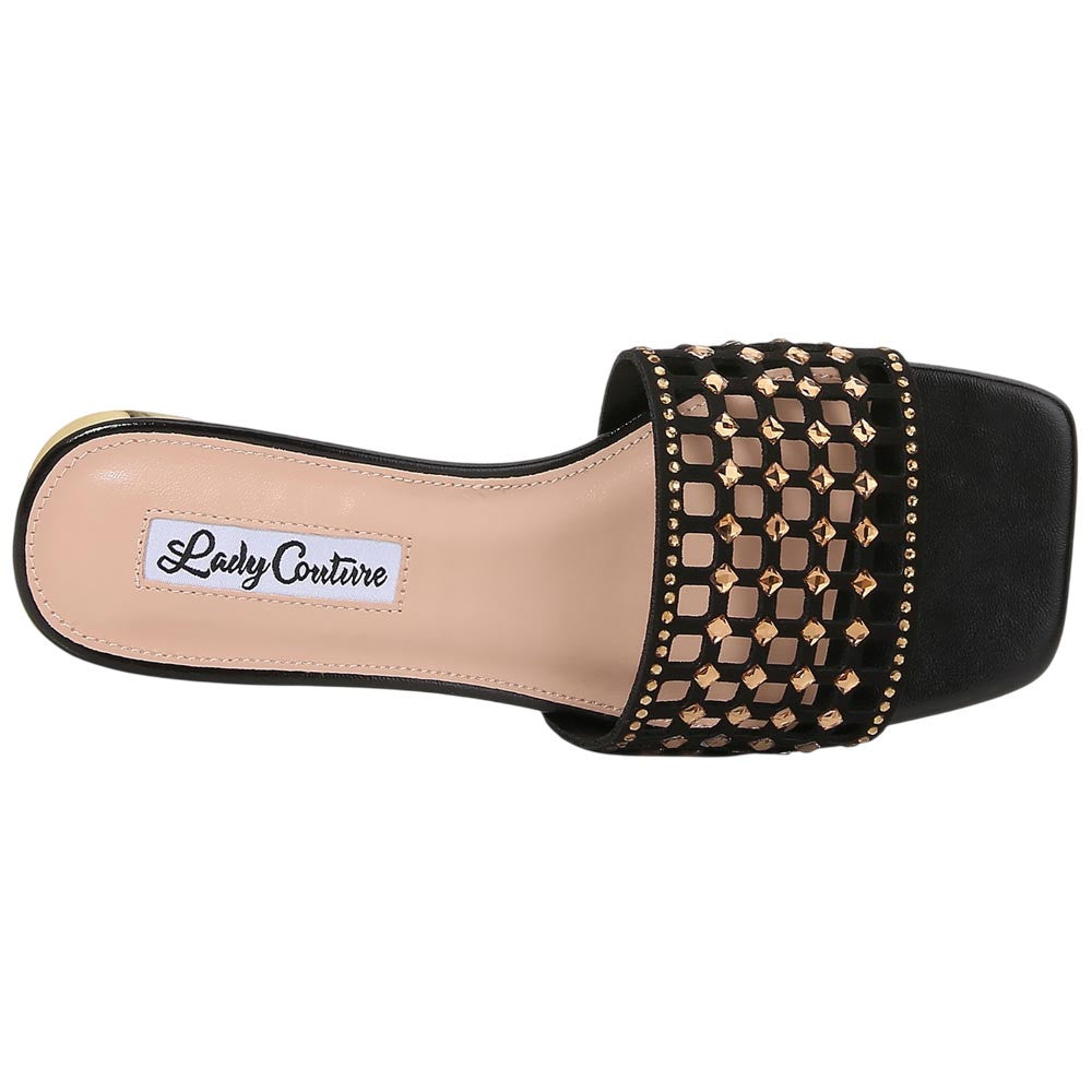 Lady Couture Women's Garden Black Geometric Crystal Flat Slide Sandals