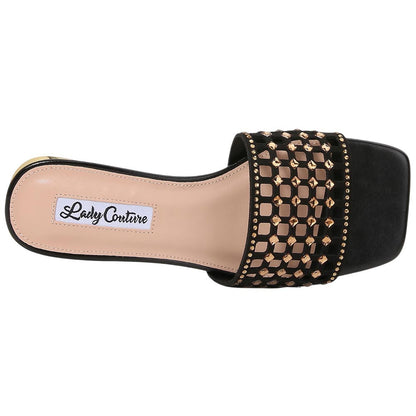 Lady Couture Women's Garden Black Geometric Crystal Flat Slide Sandals