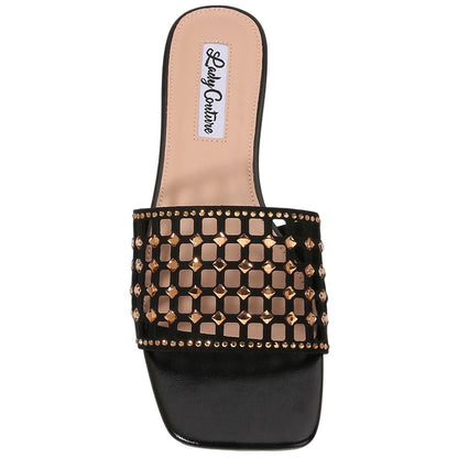 Lady Couture Women's Garden Black Geometric Crystal Flat Slide Sandals