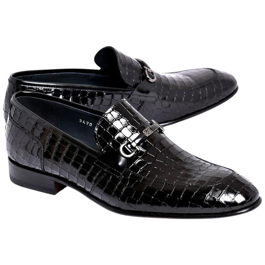 Corrente Men's Crocodile Print Leather Bit Loafer - Black