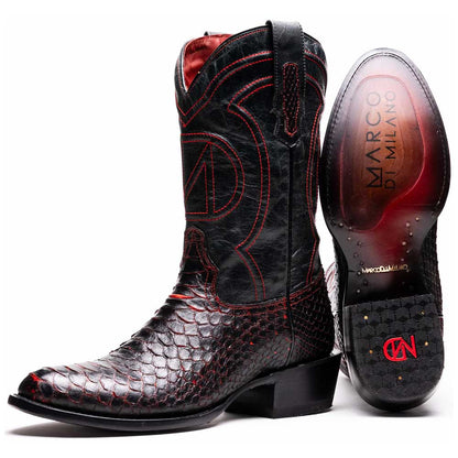 Kansas Genuine Python Skin Black Cherry Cowboy Boot | Marco Di Milano Western Boots