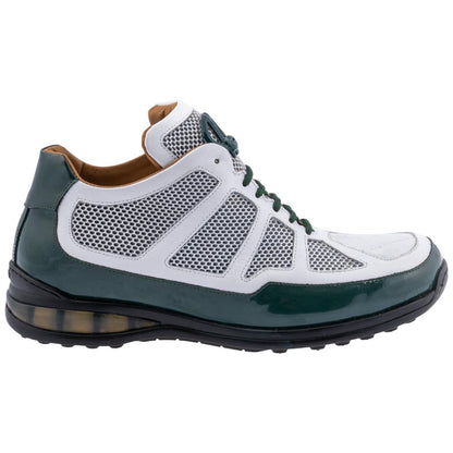 MAURI Shoes Men’s Grid Sneaker Hunter Green White Patent, Calfskin, Baby Crocodile & Mesh Luxury Sneakers with Matching Belt