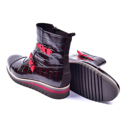 Corrente Men's Brown Croco Print Side Zipper Boots with Red Straps