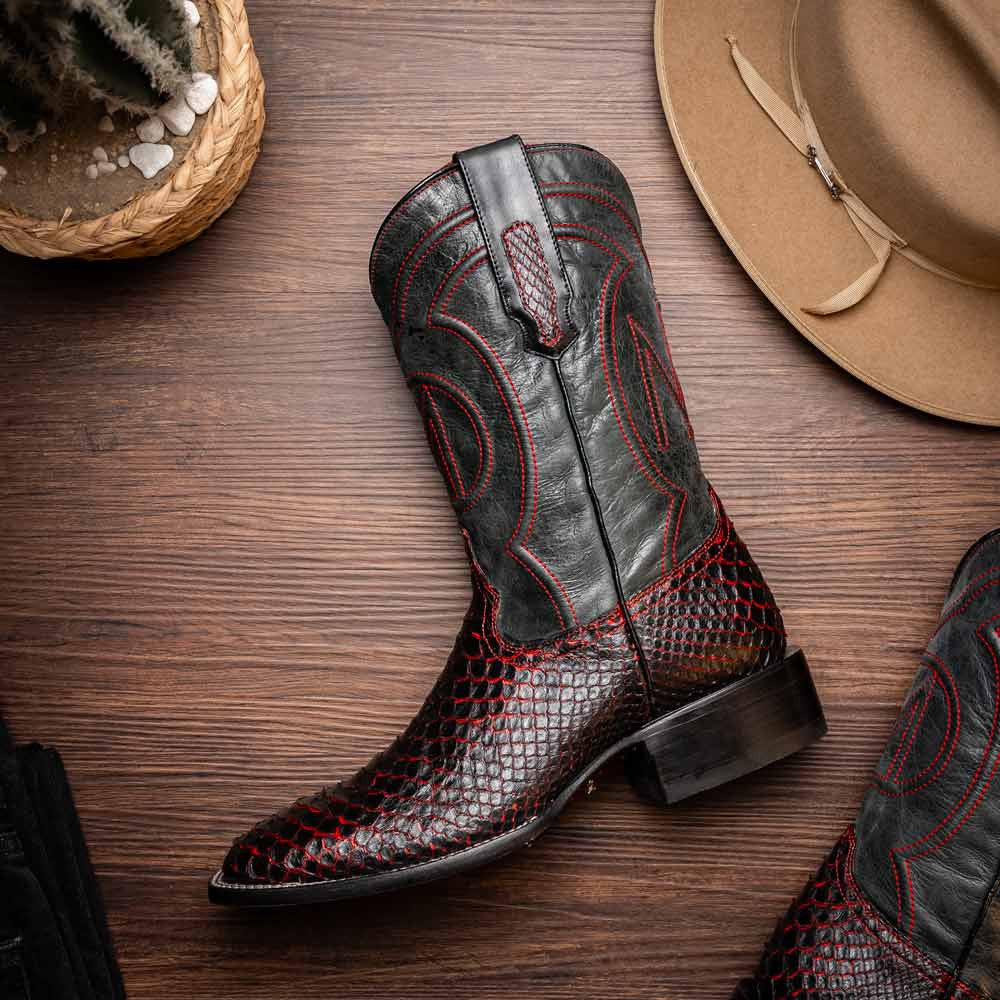 Missouri Genuine Python Skin Black Cherry Cowboy Boot | Marco Di Milano Western Boots