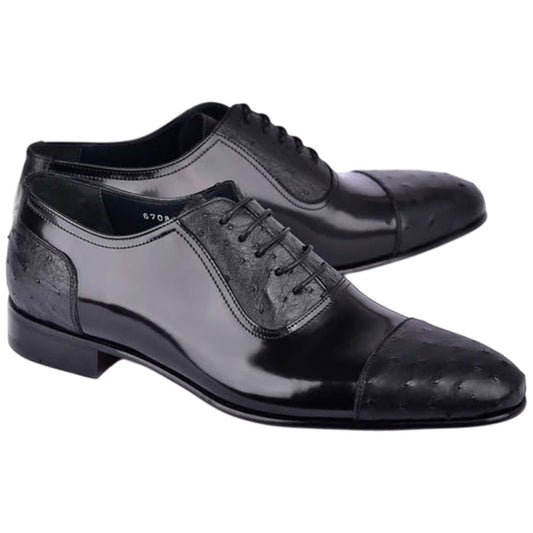 Corrente Men’s Black Ostrich Skin and Leather Cap Toe Shoe