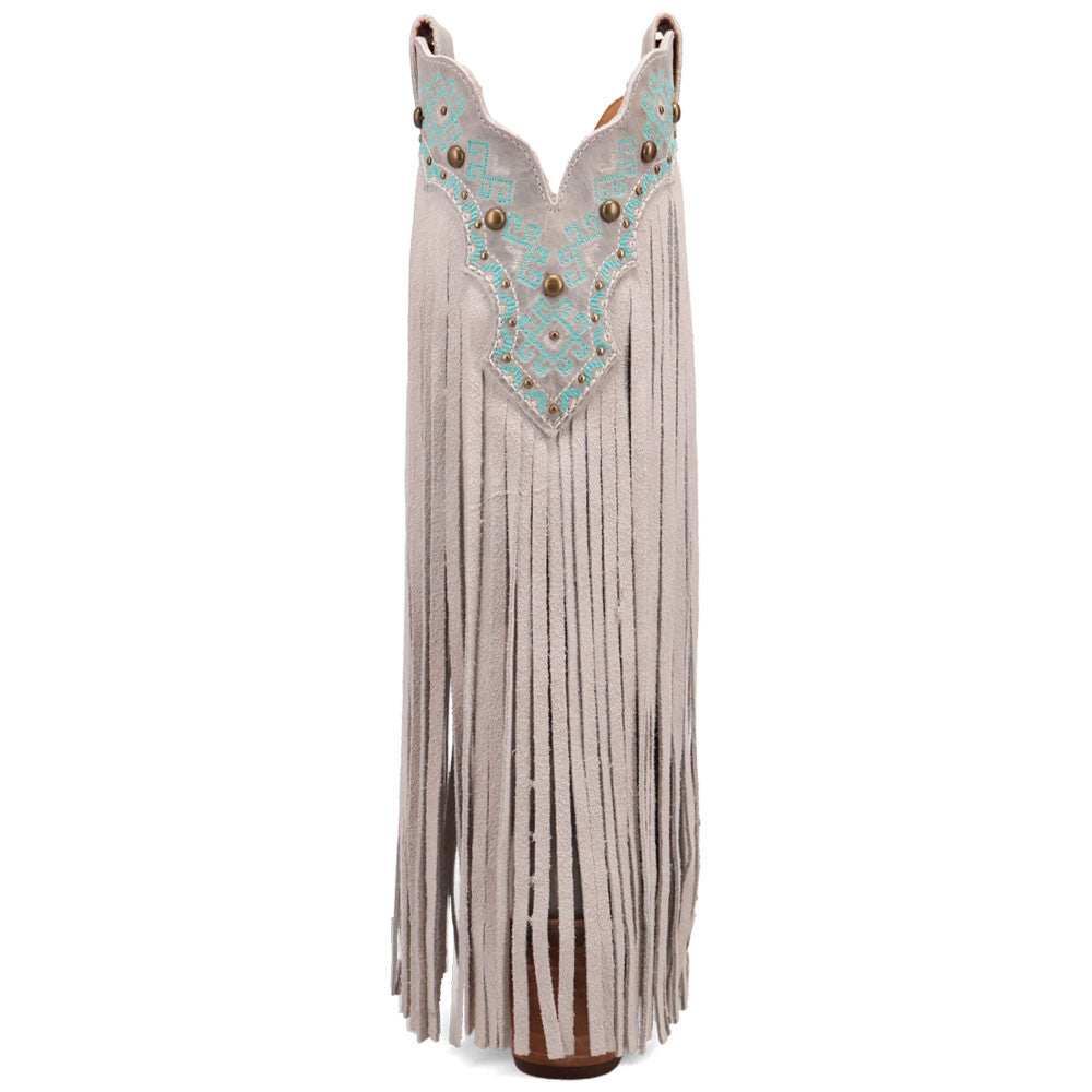 Tequila Sunrise Suede Off-White with Turquoise Embroidered Fringe Snip Toe Women Boot | Dingo Western Cowgirl Boots