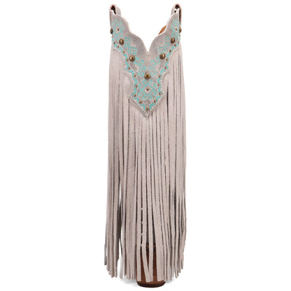 Tequila Sunrise Suede Off-White with Turquoise Embroidered Fringe Snip Toe Women Boot | Dingo Western Cowgirl Boots