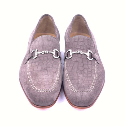 Corrente Crocodile Print Taupe Suede Bit Loafers for Men