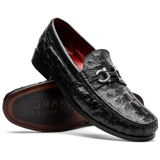 Ferrioni Black Men’s Genuine Ostrich Moc Toe Bit Loafers | Marco Di Milano
