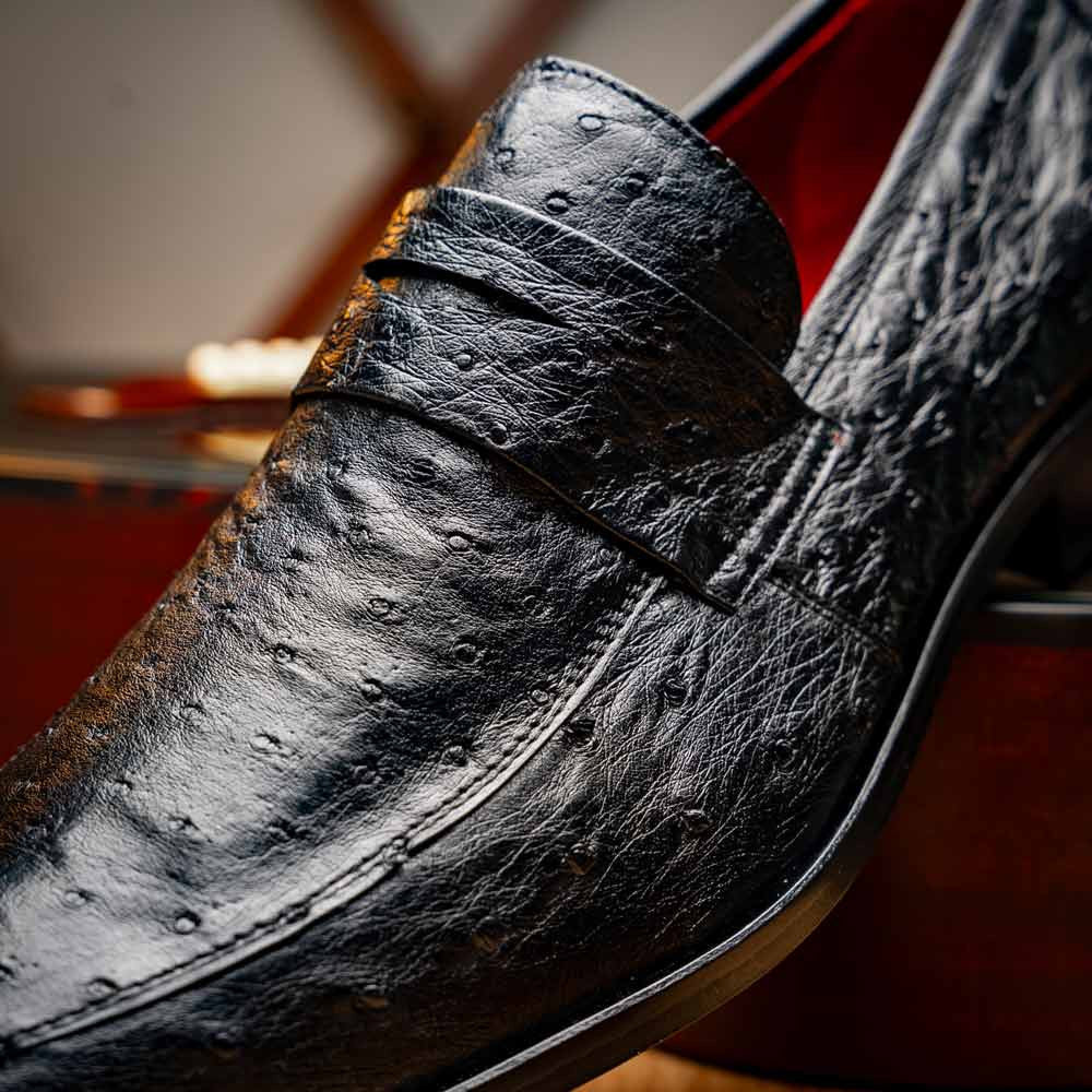 Salvatore Black Men's Full Quill Ostrich Skin Slip-on Loafers | Marco Di Milano