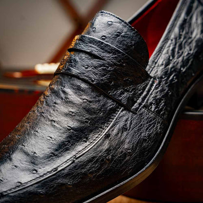 Salvatore Black Men's Full Quill Ostrich Skin Slip-on Loafers | Marco Di Milano