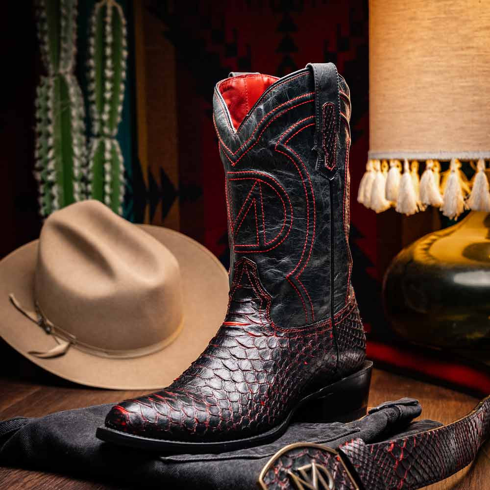 Kansas Genuine Python Skin Black Cherry Cowboy Boot | Marco Di Milano Western Boots