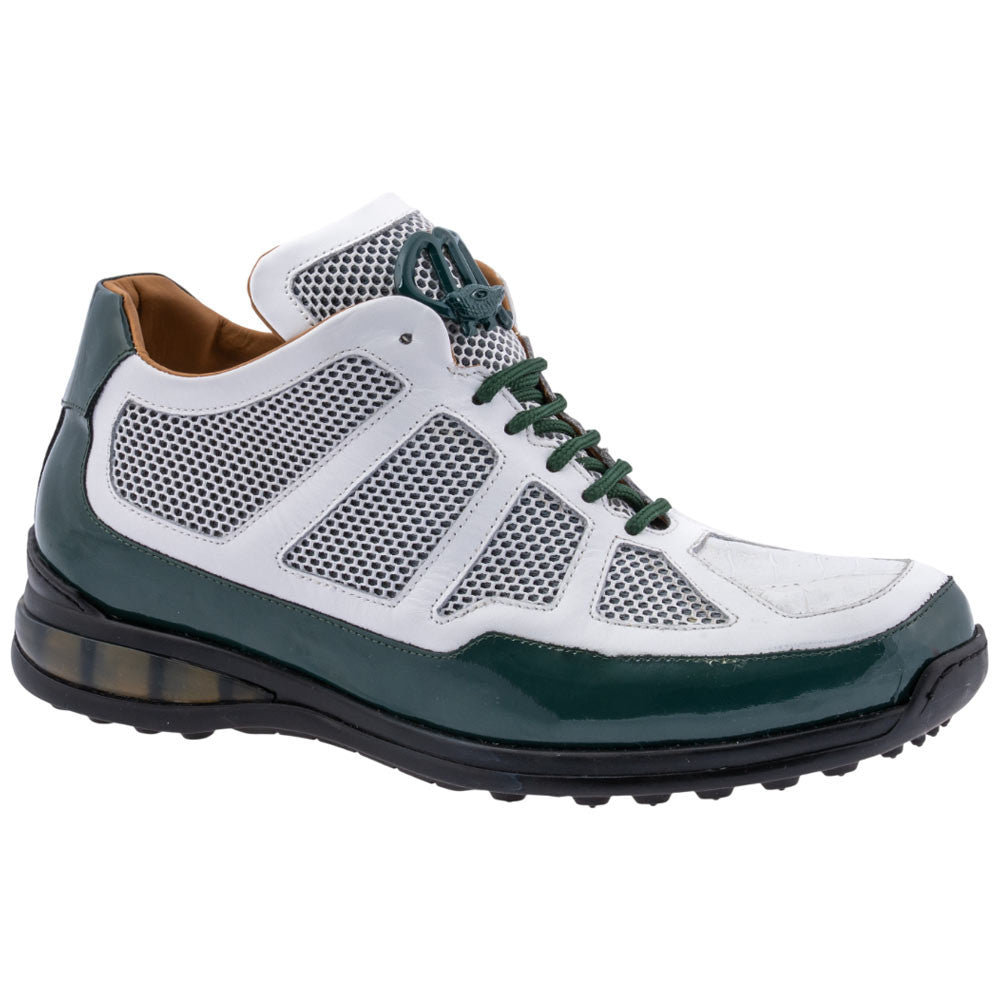 MAURI Shoes Men’s Grid Sneaker Hunter Green White Patent, Calfskin, Baby Crocodile & Mesh Luxury Sneakers with Matching Belt