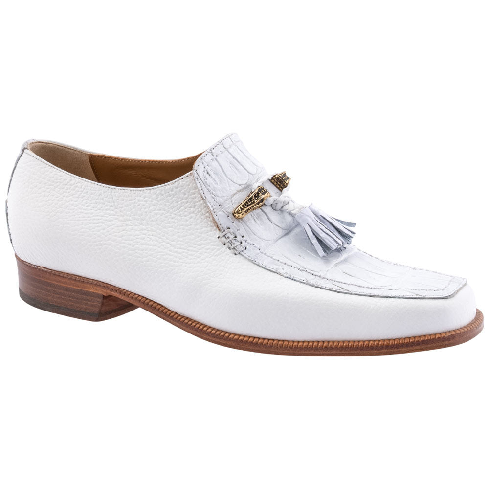 MAURI Shoes Men’s Square Toe Tassel Slip-On White Time Leather & Baby Crocodile Luxury Dress Loafers