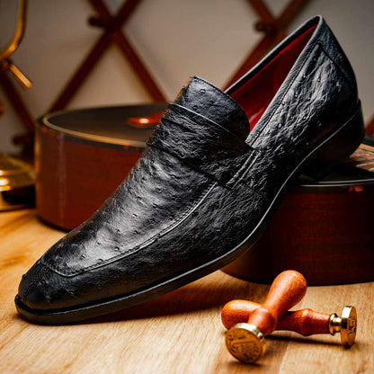 Salvatore Black Men’s Full Quill Ostrich Skin Slip-on Loafers | Marco Di Milano