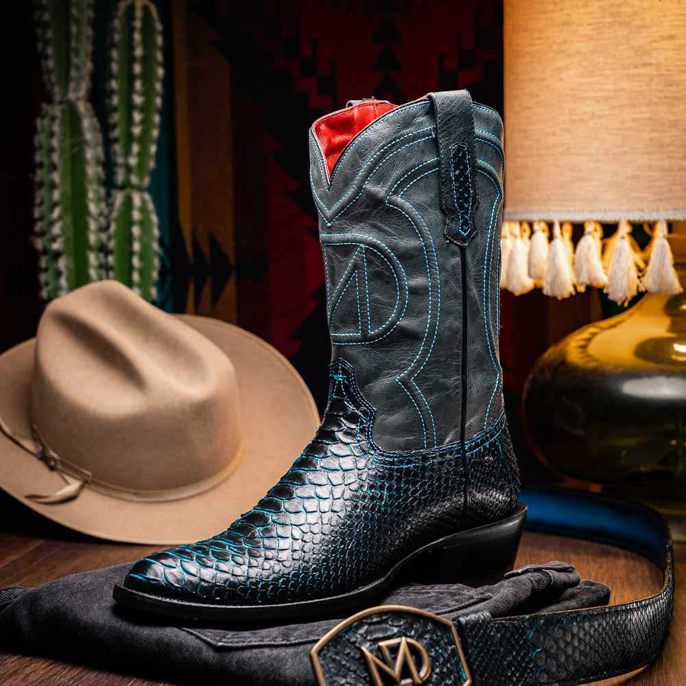 Kansas Genuine Python Skin Black/Blue Cowboy Boot | Marco Di Milano Western Boots