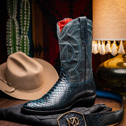 Kansas Genuine Python Skin Black/Blue Cowboy Boot | Marco Di Milano Western Boots