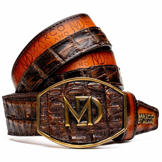 Texas Genuine Caiman Crocodile Skin Belt in Aged Brown with Antique Western Buckle | Marco Di Milano Exotic Belt